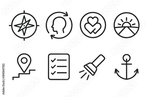 Mindful Living Icons. Intentional Living Set linear set: direction compass, mindful habit loop, core values ring, vision horizon arc, meaningful step marker, life priority list,