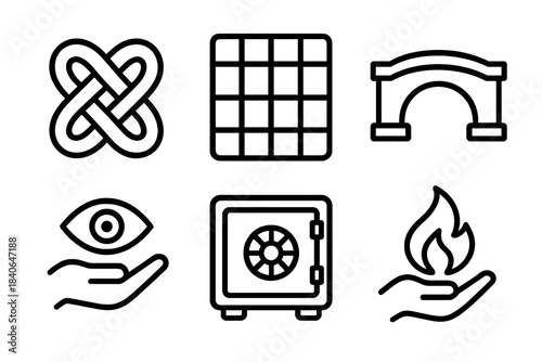 Ethical Protection Icons. Ethical Protection Models linear set: responsibility knot, ethical framework grid, equity bridge, oversight eye, safeguarded vault, compassion flame.