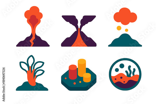 Submarine Ecosystem Icons. Submarine Thermal Niches flat set: rising heat plume, vent ridge, nutrient hotspot, symbiotic organism icon, mineral deposit tile, micro-ecosystem