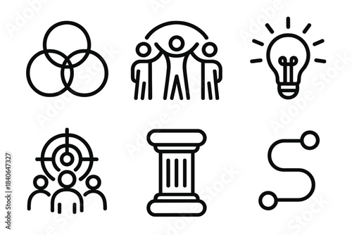 Teamwork Iconography. Team-Based Process Support Concepts linear set: cohesion ring, unity arc, clarity spark, shared purpose icon, resilience pillar, connected pathway.