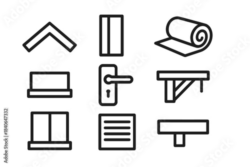Home Structure Icons. Home structure elements linear set: roof ridge, wall stud, insulation roll, floor joist, window sill, door handle, vent cover, ceiling beam.