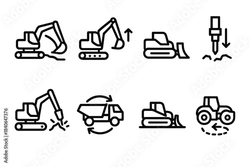 Construction Icon Series. Operational Machine Movements linear set: digging sweep, lifting arm motion, push-grade track, drill pierce symbol, break-rock strike, haul cycle arrow,