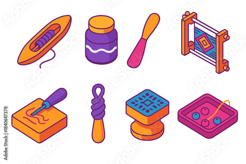 Craft Tools Icons. Cultural Maker Tools isometric flat set: hand loom shuttle, dye jar, clay shaping paddle, bead loom frame, carving block, fiber twist tool, patterned stamp,