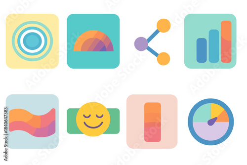 Minimalistic Joy Icons. Subtle joy experiences flat set: calm ripple tile, serenity arc, contentment node, mindfulness bar, reflective pulse, inner joy strip, satisfaction marker,