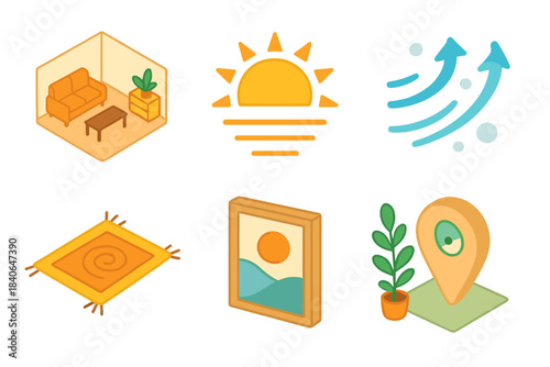 Holistic Home Icons. Holistic Home Wellness isometric flat set: balanced room layout, sunlight pattern, clean airflow arrows, grounding rug, peaceful artwork, calming greenery,