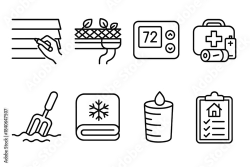 Quarterly Home Maintenance Icons. Quarterly Home Maintenance Set linear set: siding inspection marker, gutter guard, thermostat reset, storm prep kit, garden soil turner, winter