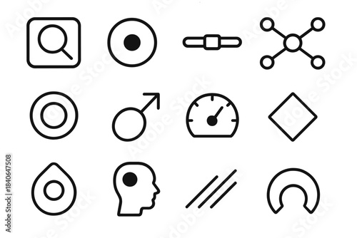 Cognitive Icons Grid. Bias-Conscious Thinking Models linear set: assumption lens tile, bias indicator dot, cognitive-balance bar, perspective check node, framing cue ring, evidence