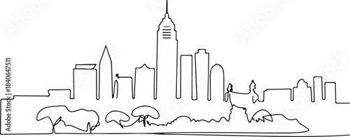 Continuous Line Art of Nairobi Skyline with City Park Foreground Minimal Outline Illustration