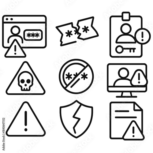 Security Breach Icons. Exposed Credential Elements linear set: warning login tag, altered code strip, insecure keycard, unauthorized access alert, danger symbol, tampered token,