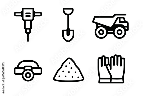 Essential Mining Icons. Essential Mining Gear Set linear set: jackhammer, sturdy shovel, haul truck silhouette, headlamp, gravel mound, protective gloves.