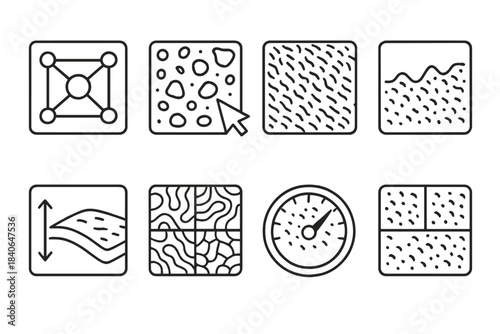 Innovative Texture Icons. Adaptive Material Texture Set linear set: intelligent texture node, context-sensitive surface plate, dynamic bump adjuster, detail-scaling bar, surface