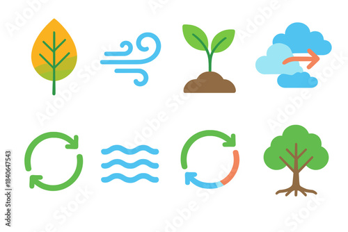 Climate Cycle Icons. Environmental Adaptation flat set: seasonal leaf, wind swirl, sprouting plant, shifting clouds, climate arrow, water flow, ecosystem cycle, resilient tree.