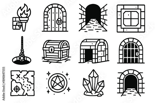 Dungeon Adventure Icons. Dungeon Journey Set linear set: wall torch, heavy door, narrow passage, pressure tile, descent rope, treasure coffer, iron gate, shifting panel, torn map,