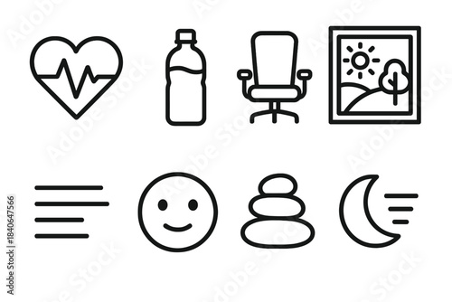 Wellness Productivity Icons. Wellness-Centered Productivity linear set: heart pulse, hydrated bottle, wellness break chair, nature window view, energy bar lines, mood tracker face,