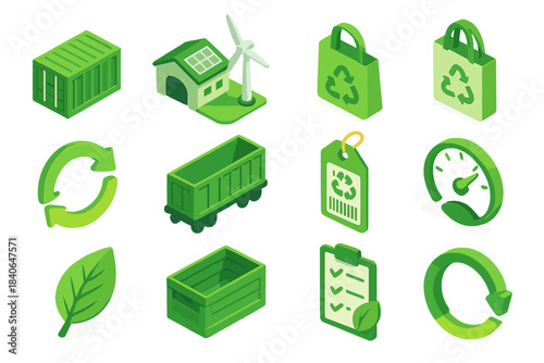 Eco Supply Icons. Eco-Friendly Supply Flow isometric flat set: green cargo container, wind-powered depot, recyclable tote, eco barcode tag, lifecycle chart, low-impact freight rail