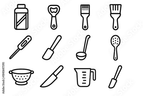 Kitchen Tool Icons. Everyday Kitchen Tools linear set: vegetable chopper, bottle opener, zester strip, pastry brush, food thermometer, mixing spatula, ladle scoop, slotted spoon,