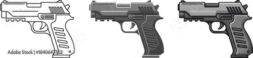 Illustration of a modern pistol in three different styles isolated on white background outline, flat color, and grayscale, showcasing its design
