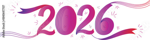 Vibrant twenty twentysix ribbon style number design featuring a stunning pink purple red gradient with festive sparkling elements ideal for new year celebrations anniversaries and future event 