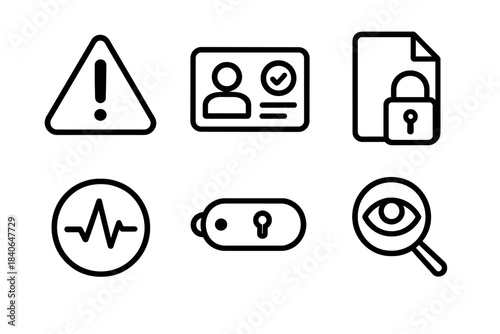 Scam Prevention Icons. Scam Prevention Symbols linear set: caution icon, verified ID, protected file, alert pulse, security token, scrutiny lens.