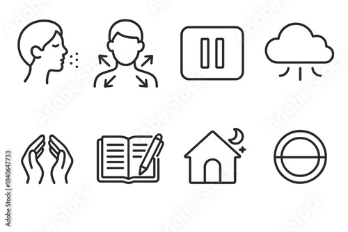 Stress Relief Icons. Stress Relief Techniques Set linear set: deep breathing dots, tension release arrows, mindful pause sign, relaxation cloud, comforting hands, reflection