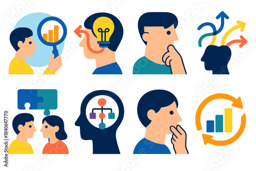 Modern Problem-Solving Icons. Problem-solving approaches themes flat set: analytical thinking, creative solutions, critical evaluation, adaptive mindset, collaborative effort,