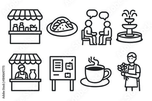Local Market Icons. Local Gathering Moments linear set: open market stall, street food plate, conversation bench, plaza fountain, artisan booth, community notice board, café cup,