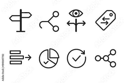 Minimalist Navigation Icons. Choice navigation systems linear set: directional path icon, decision branch, clarity cue, option tag, guidance bar, reasoning step, evaluation ring,