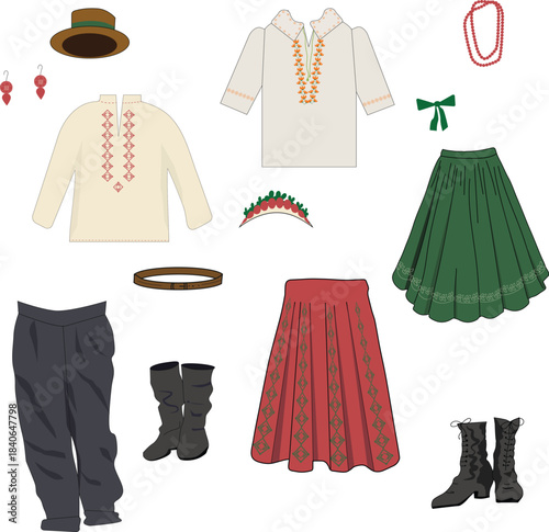 A set of traditional-style folk clothing elements, including embroidered shirts, skirts, boots, a belt, and accessories.