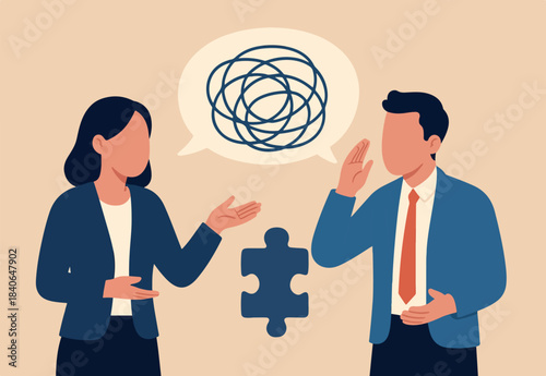 Communication problem, misunderstanding or confusion, mess or chaos communicate, conflict opinion, discussion or meeting conversation concept, business people colleagues communicate with messy line.