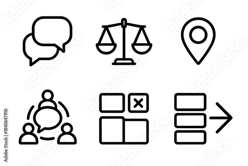 Symbolic Decision-Making Icons. Collective Judgment Tools linear set: speech bubbles, weighted scale, selection marker, deliberation circle, option tiles, final choice arrow.