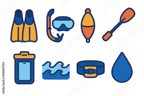 Vibrant Aquatic Equipment Icons. Aquatic Recreation Gear flat set: swim fins, snorkel set, buoy float, paddle grip, waterproof case, wave marker, swim belt, action droplet.