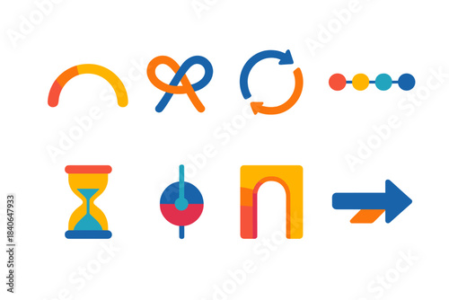 Chronological Icon Set. Chronological Voyage Icons flat set: continuum arc, time knot, cycle ring, timeline strand, phased hour bead, quantum marker, moment gate, drift arrow.