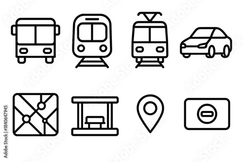 Urban Transit Icons. Urban Transit Network linear set: city bus, metro train, tram car, rideshare sedan, transport map, station platform, route marker, transit pass.