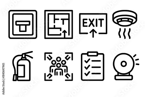 Fire Drill Icons. Fire drill training set linear set: fire alarm pull, evacuation map, exit sign, smoke detector, fire extinguisher, assembly point icon, drill checklist, alert