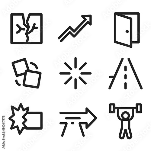 Breakthrough Icon Set. Breakthrough Icons Set linear set: cracked barrier, rising arrow, burst spark, open doorway, shifting blocks, breakthrough beam, clear path, lifted weight.
