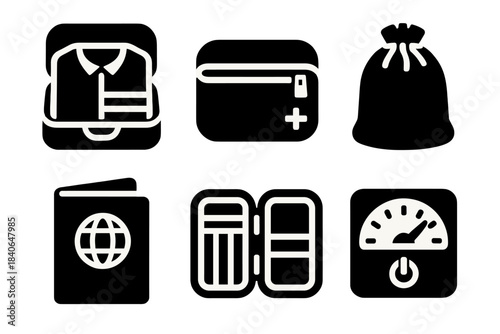 Bold Icon Set. Portable Organization Set silhouette set: garment folder, tech pouch, laundry sack, passport wallet, compact divider, tidy meter.