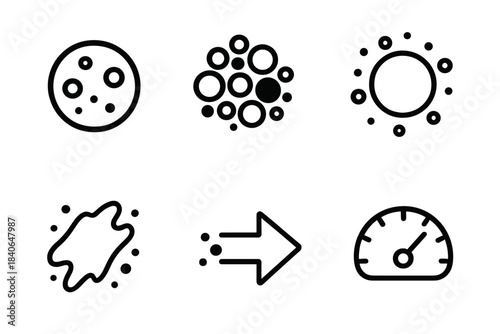Invisible Contaminant Icons. Invisible Contaminant Structures linear set: micro-particle icon, hidden pollutant cluster, diffusion halo ring, trace residue mark, contamination