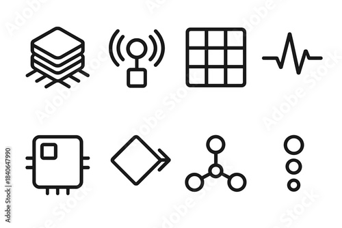 Tech Icon Set. Tech Innovation Forms linear set: chip stack, sensor node, data grid, pulse line, modular device block, algorithm arrow, system hub, digital bead.