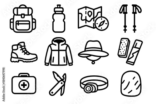 Hiking Gear Icons. Hiking Essentials linear set: trail backpack, hydration bottle, map and compass, trekking poles, sturdy boots, layered jacket, sun hat, trail snacks, first-aid