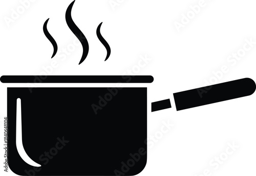 Black saucepan with steam rising on white background cooking heat