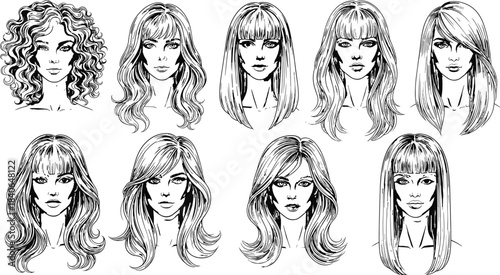 Female hairstyle, black and white, fashion sketch, hair design, curly, straight, bangs, layered, beauty illustration, salon reference, style variety
