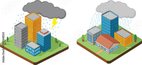 Isometric 3D city illustration with modern urban buildings under heavy rain and thunderstorm clouds showing bad weather climate concept