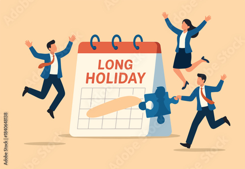 Company holiday for employee to take a break and recharge, employee appreciation day or long holiday happiness concept, business people with big calendar jumping with joy to celebrate long holiday