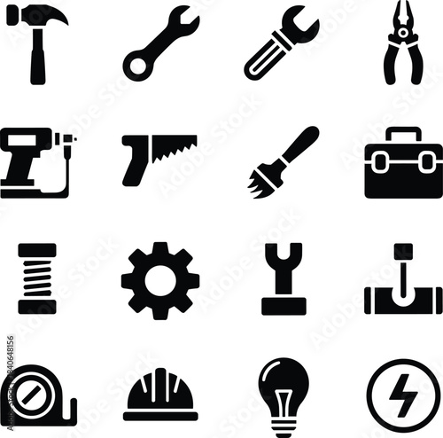 Black Icons of Tools and Safety Equipment on White Background hammer wrench