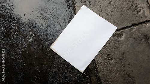 A clean, white paper contrasts against a dark, textured, and wet stone surface. The juxtaposition highlights simplicity and purity against a raw, natural backdrop, creating visual intrigue.