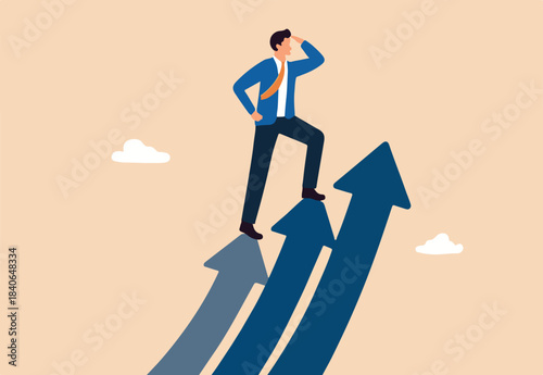 Company success moving forward, challenge or growth to progress, ambition or motivation for improvement concept, confidence businessman standing on growing arrows pointing up in the sky next target.