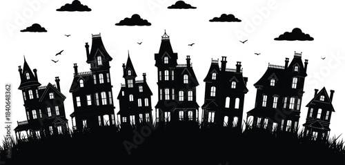 Haunted village, crooked houses, spooky silhouette, Halloween scene, eerie architecture, fantasy town, black and white art, mysterious clouds, flying birds, night illustration