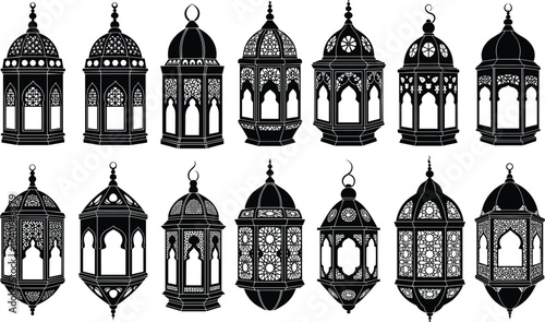 Lantern silhouette, traditional design, black vector, cultural ornament, Middle Eastern style, Ramadan decor, Moroccan lamp, festive icon, heritage art
