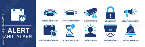 Alert and alarm icon set. Containing smoke detector, car sensor alert, CCTV warning, lock alert, megaphone alert, calendar reminder, hourglass alert, idea person, sensor device, notification off and m