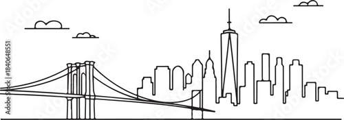 Continuous Line Art of New York Skyline from Brooklyn Side with Dumbo Bridge Framing Minimal Outline Illustration